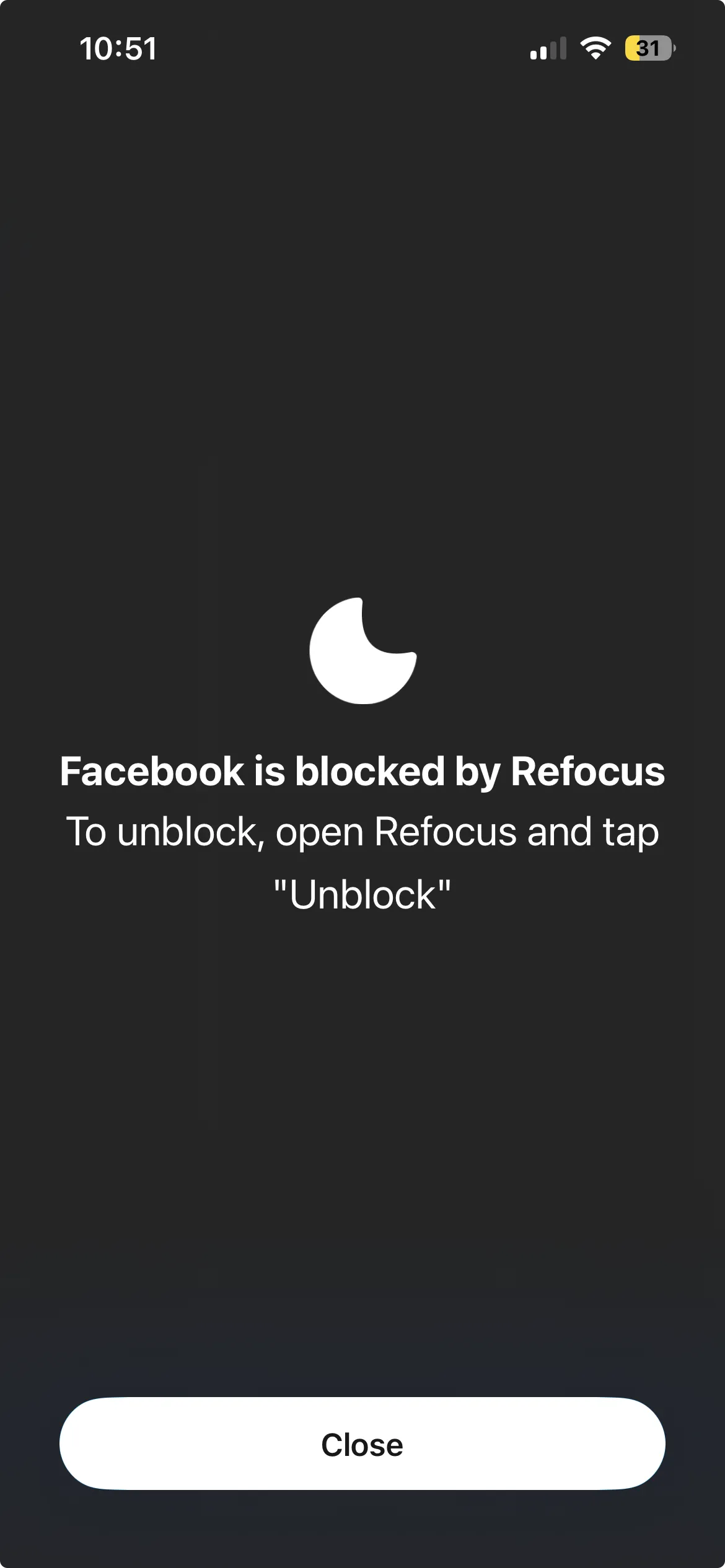 Refocus shield screen saying Facebook is blocked by Refocus and to open Refocus to unblock