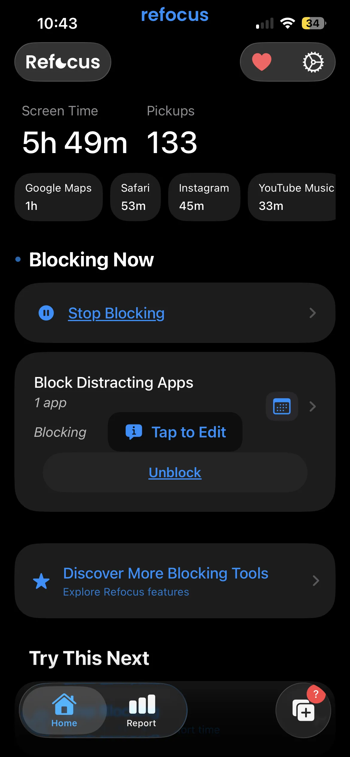 Refocus home screen showing screen time, pickups and an active Block Distracting Apps session