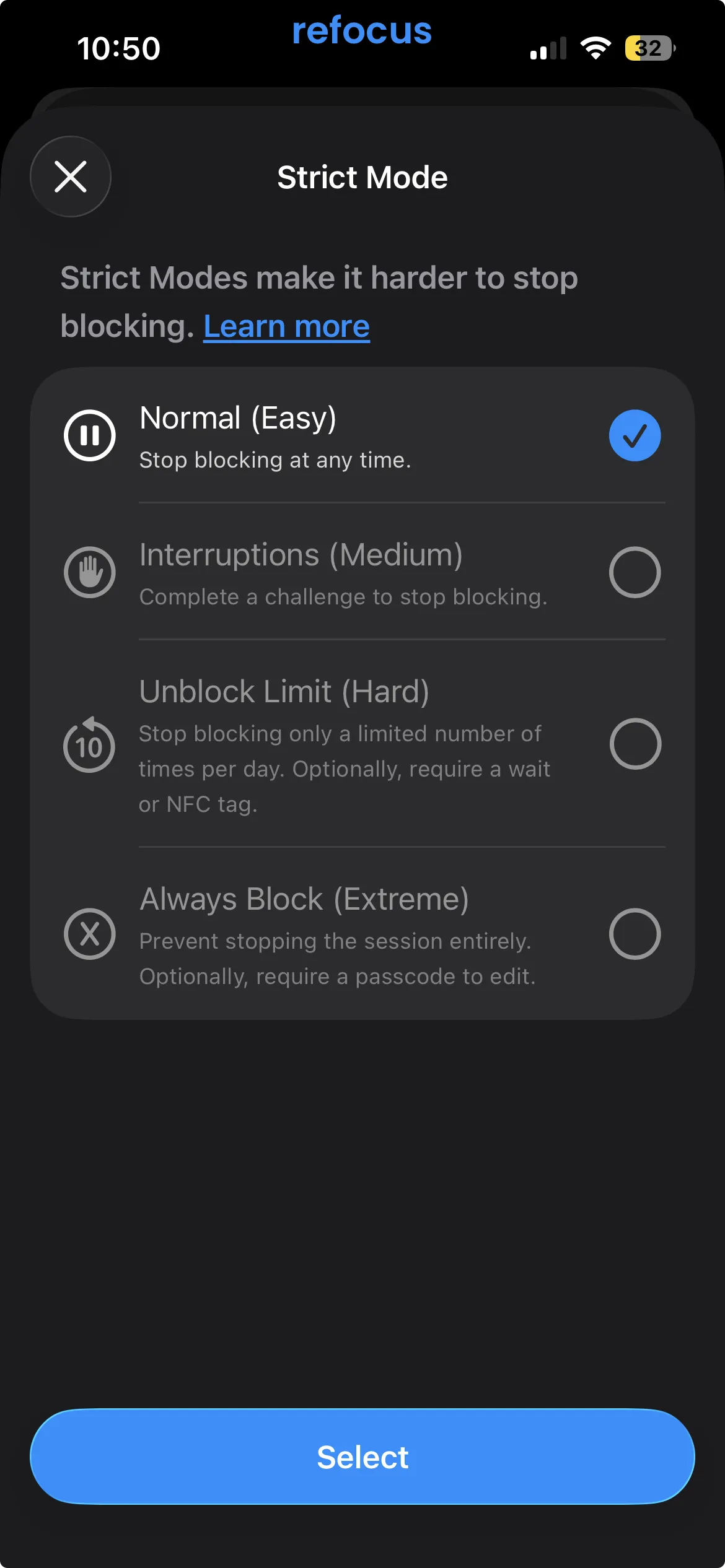 Refocus Strict Mode levels: Normal, Interruptions, Unblock Limit and Always Block
