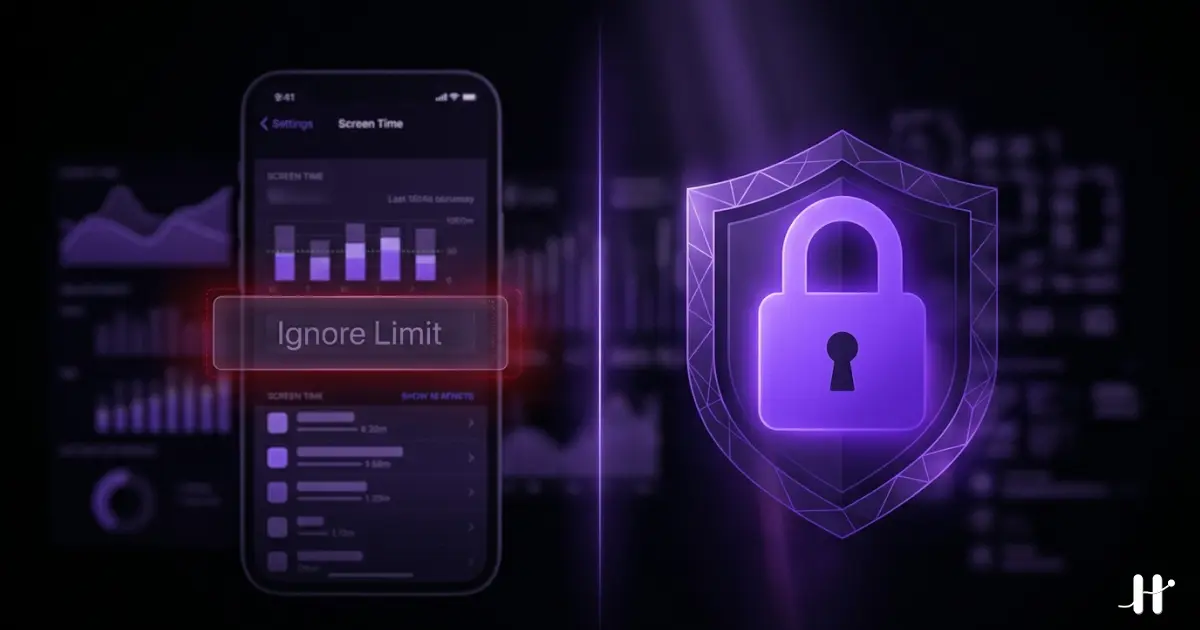 iPhone Screen Time interface contrasted with stronger third-party blocker, purple-tinted illustration