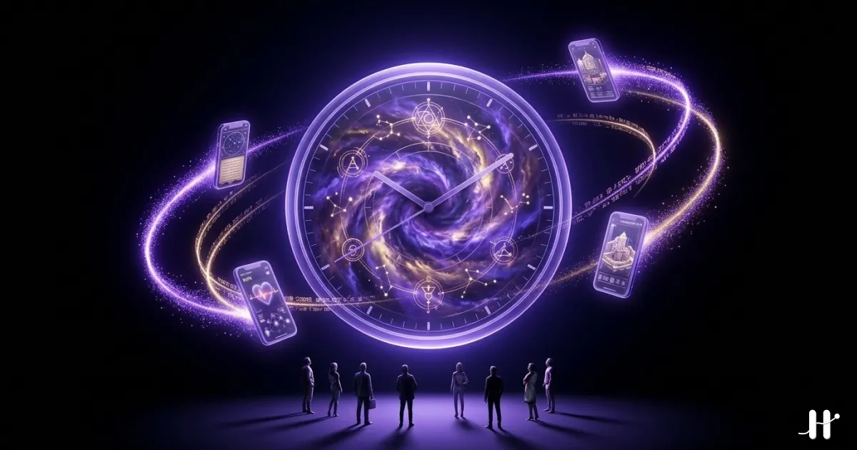 Glowing holographic clock face with purple segments showing phone usage proportions, surrounded by orbiting smartphone silhouettes