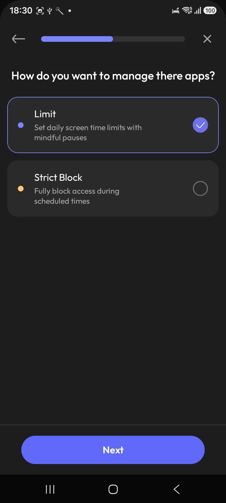 ScreenZen setup offering a Limit mode with mindful pauses or a Strict Block mode