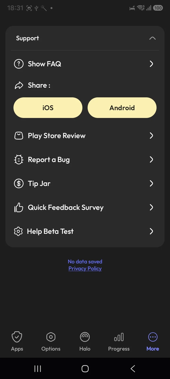 ScreenZen support screen showing a Tip Jar and a No data saved note