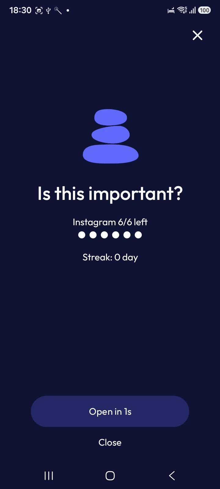 ScreenZen pause screen asking is this important with a count of Instagram opens left