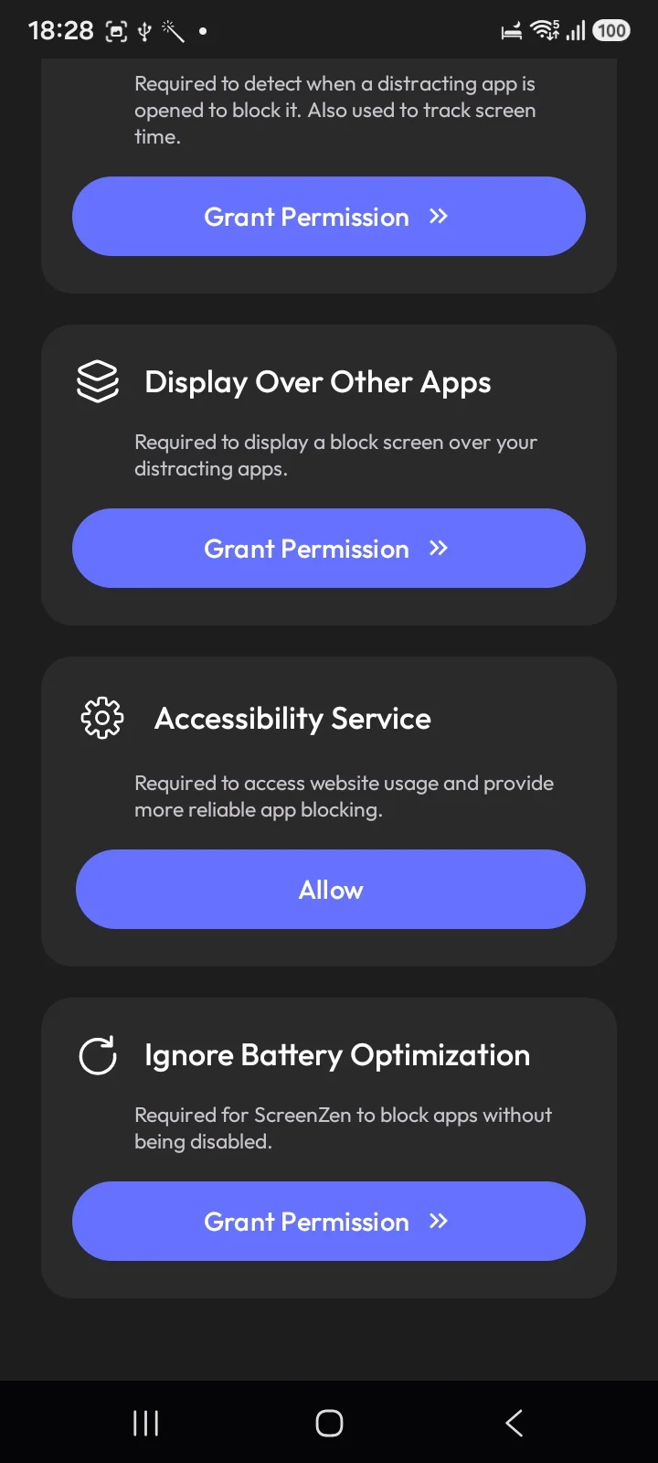 ScreenZen permission list including display over other apps, accessibility and ignore battery optimization