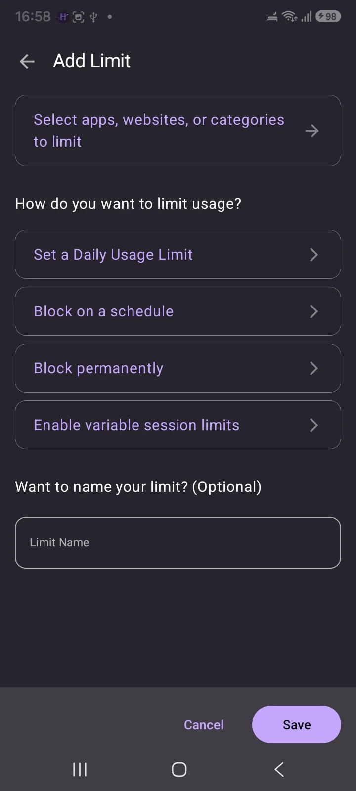 StayFree Add Limit screen offering daily limit, schedule, permanent block and session limits