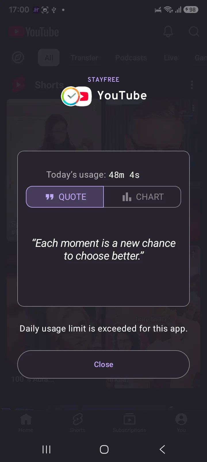StayFree block screen over YouTube saying the daily usage limit is exceeded