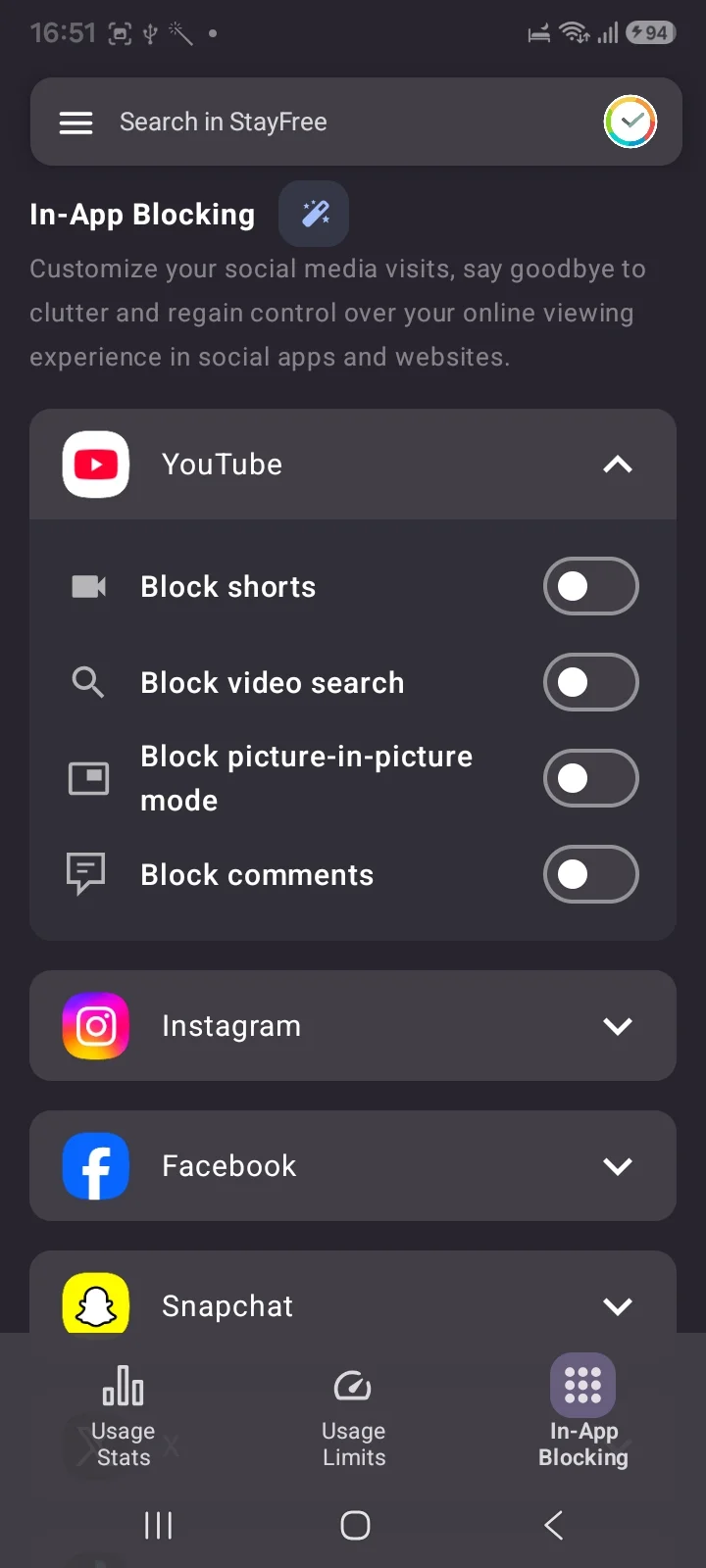 StayFree In-App Blocking with toggles for YouTube shorts, video search and comments