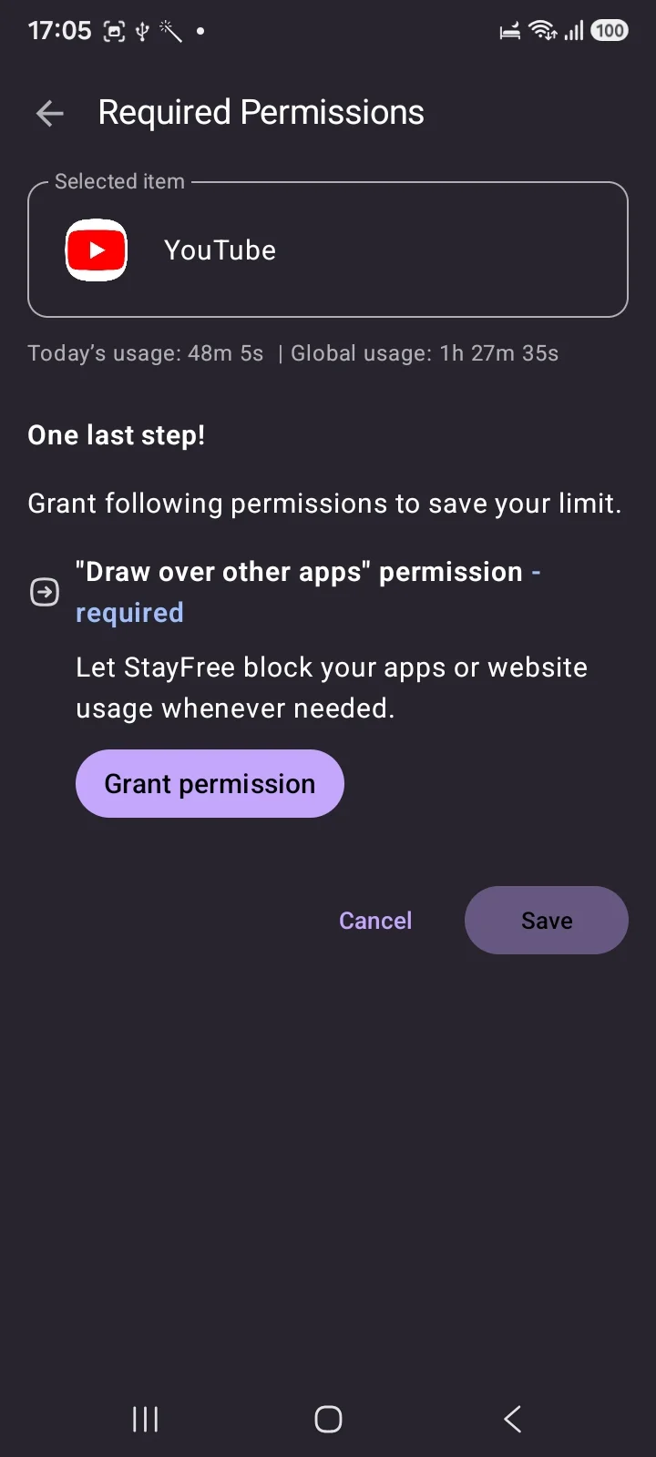 StayFree permission screen requesting Draw over other apps