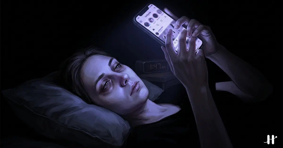 Person lying in dark bedroom with face illuminated by blue-purple phone light, clock showing late night