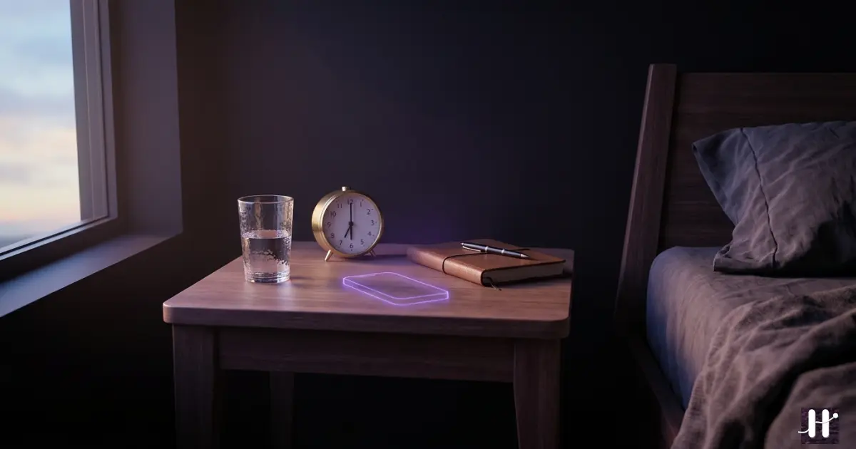 Minimalist bedside table with water glass, alarm clock, and journal where a phone used to be, soft morning light with purple glow
