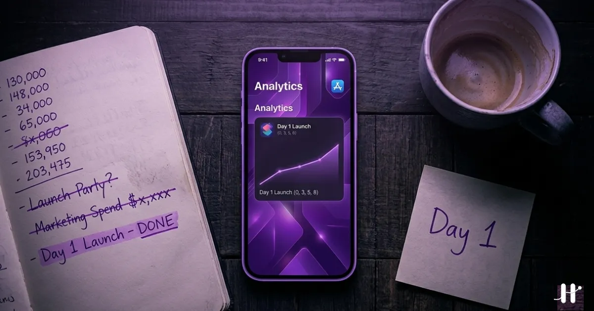 Dark desk with iPhone showing App Store analytics, notebook with handwritten numbers, and a sticky note reading Day 1