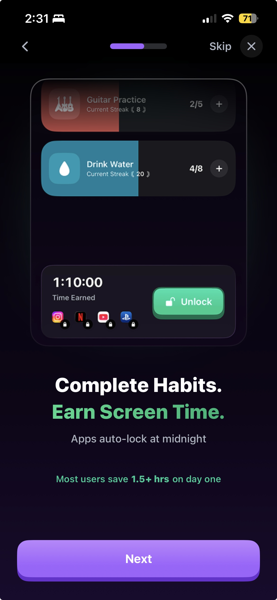 Habit Doom onboarding screen 1: Your Apps Are Rewiring Your Brain with 40% memory drop and 9x depression risk stats