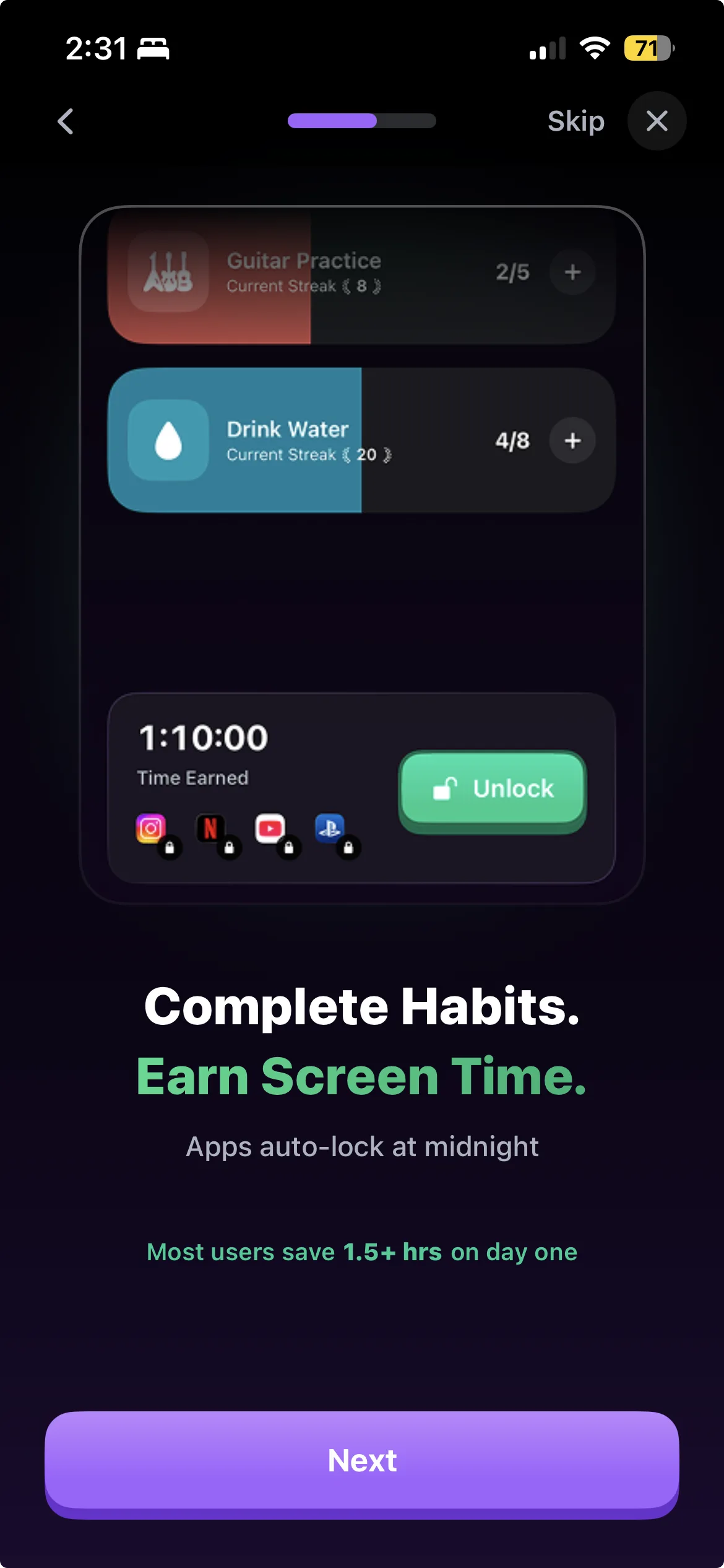 Habit Doom onboarding screen 1: Your Apps Are Rewiring Your Brain with 40% memory drop and 9x depression risk stats