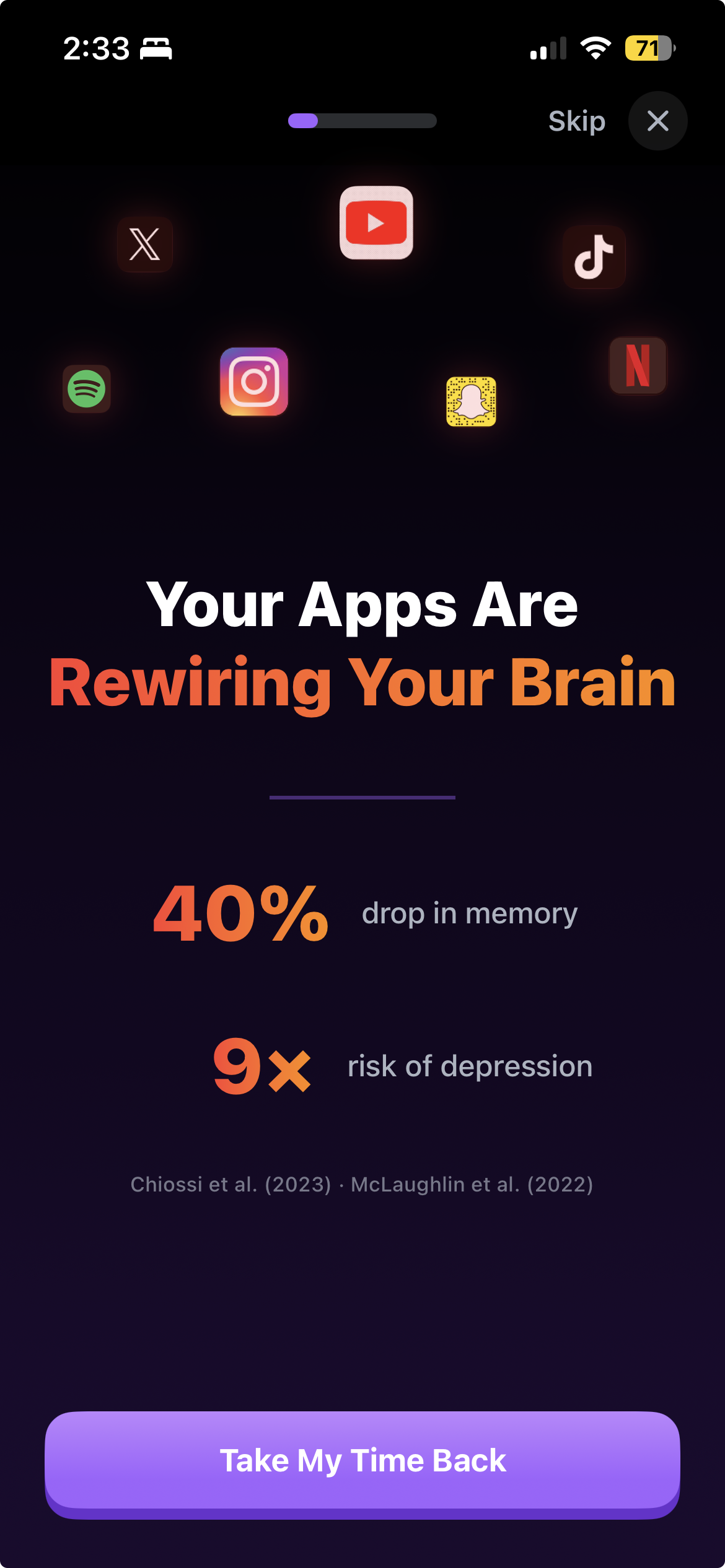 Habit Doom onboarding screen 2: What If Your Phone Fought For You? with app icons surrounding the Habit Doom logo