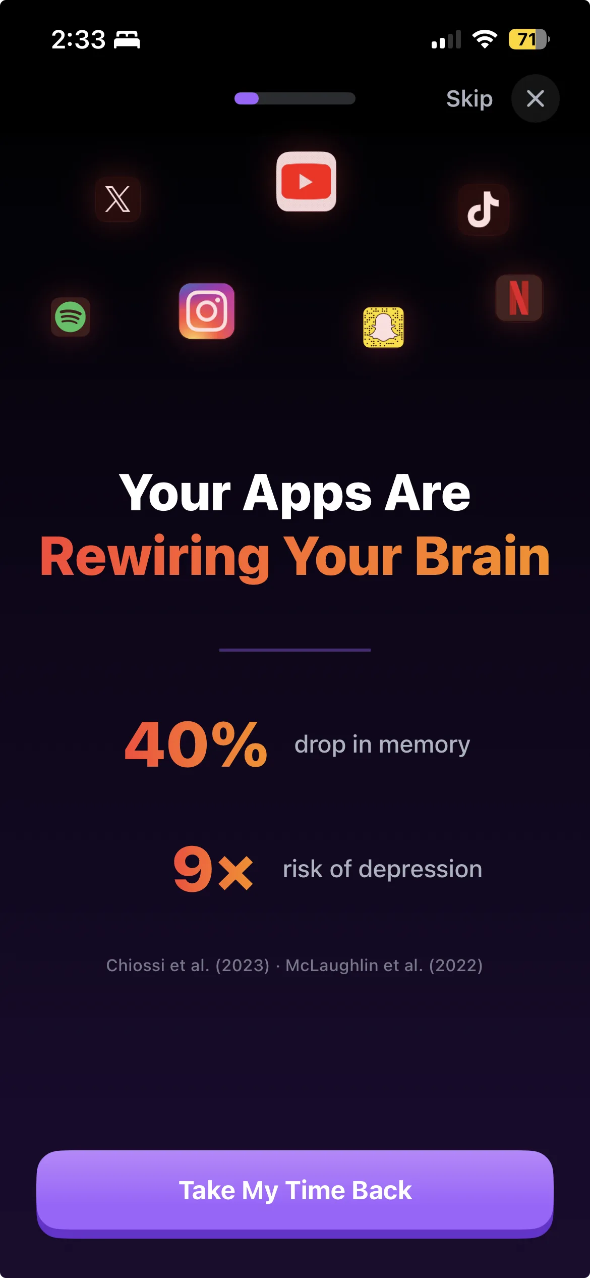 Habit Doom onboarding screen 2: What If Your Phone Fought For You? with app icons surrounding the Habit Doom logo