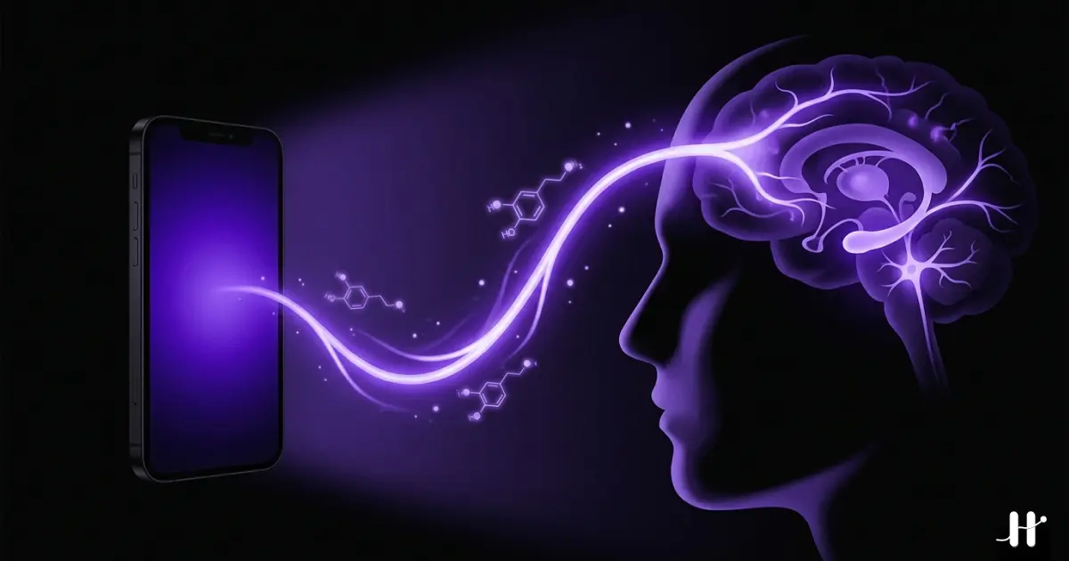 Illustration of a dopamine pathway curving from a phone screen into a brain silhouette, purple accents