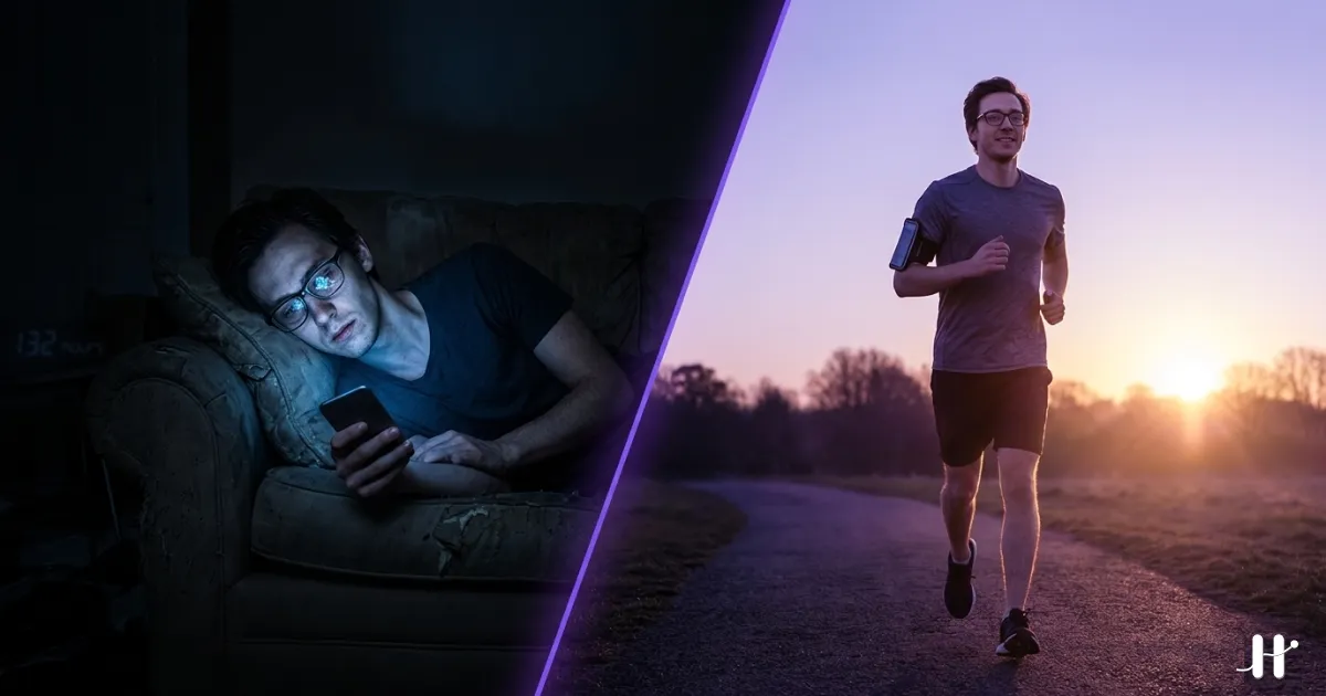 Split image: person slumped on couch scrolling phone in the dark vs the same person jogging at sunrise