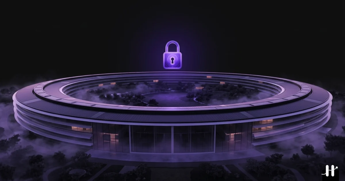 Apple Park silhouette at dusk with a glowing purple lock icon hovering above the campus, representing Screen Time API hopes for WWDC 2026